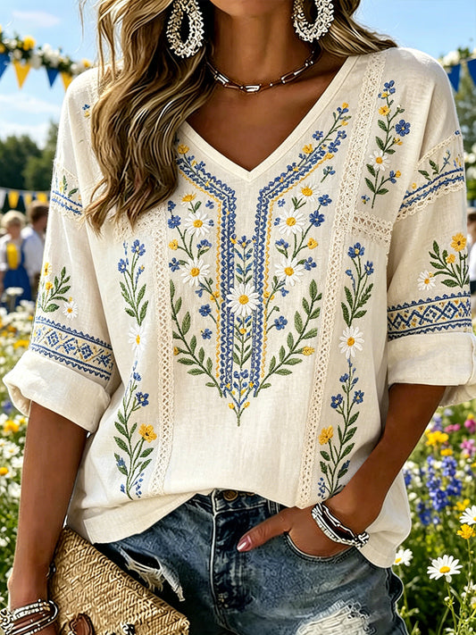 Dame sommerblomstret brodert topp med V-hals
