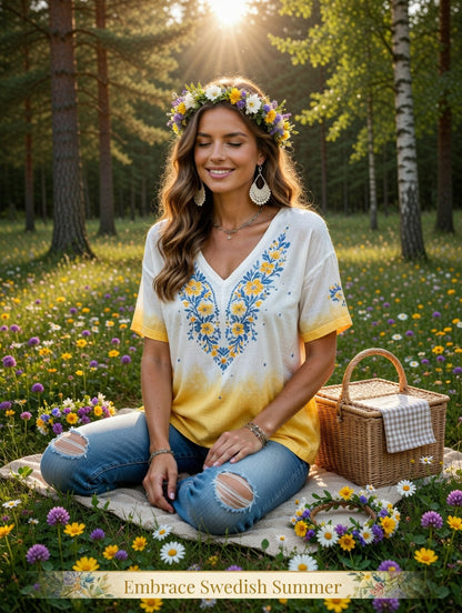 Damer Svensk midsommarfest minnesartprint T-shirt med V-ringning