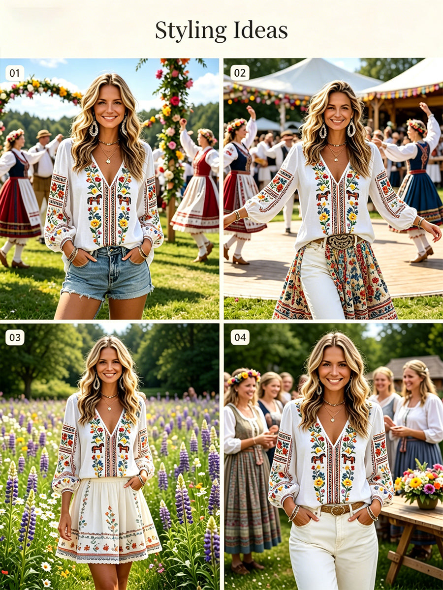 Kvinnor midsommar-tema V-hals topp med Puff ärmar