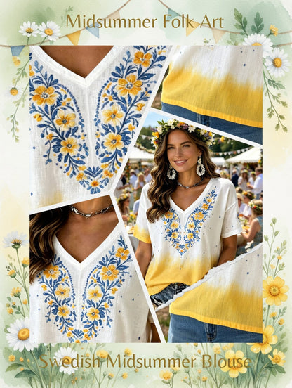 Damer Svensk midsommarfest minnesartprint T-shirt med V-ringning