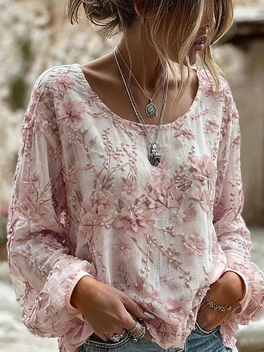 Dame vintage blomstret kunsttrykt uformell topp i bomull-lin