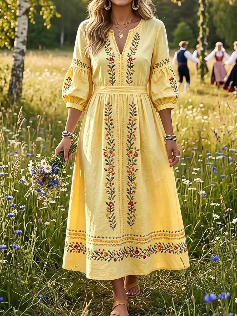 Kvinnor Retro Svenska midsommar Floral Etnisk-stil klänning