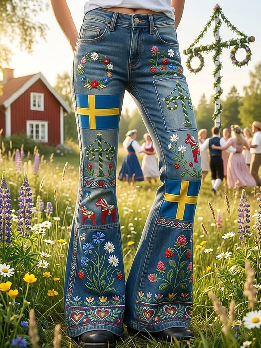Kvinner Svenske Midtsommer Blomster Patchwork Avslappede Bukser med Flagg