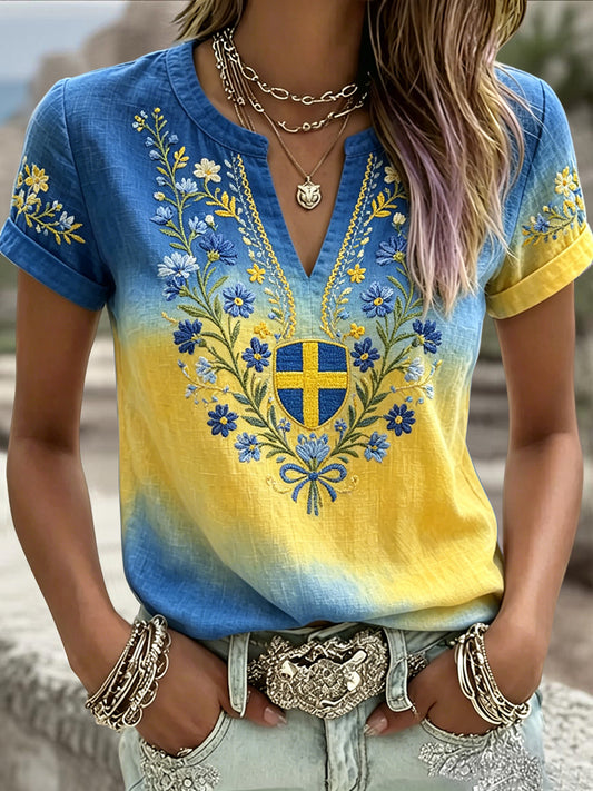 Dame retro svensk midtsommer blomstret tonet kunst V-hals T-skjorte