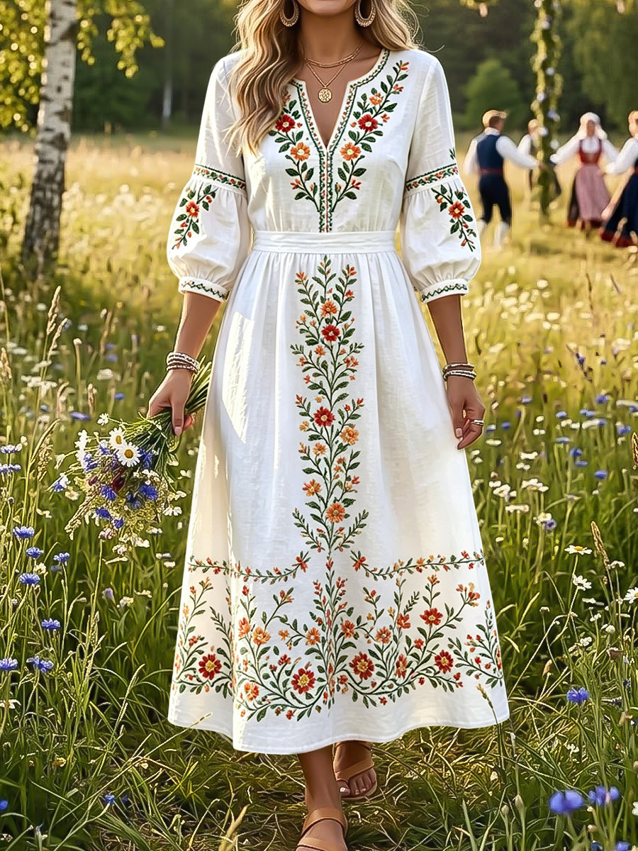 Dams vintage svensk midsommarblommig konst V-ringning klänning