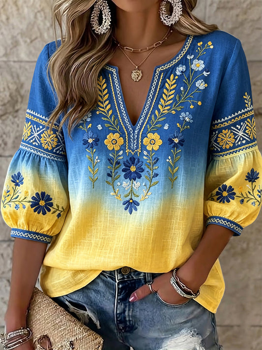 Kvinner Retro Svensk Midtsommer Blomster Gradient Kunst V-Hals Topp