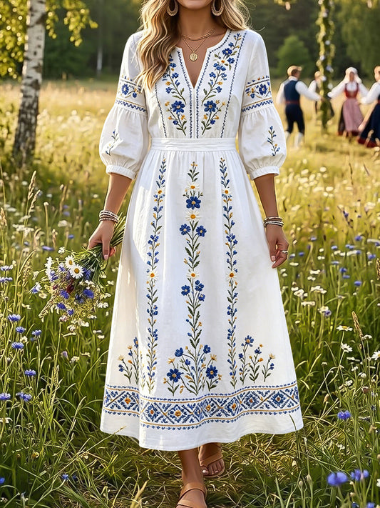 Kvinner Vintage Svensk Midtsommer Blomsterprint Kjole