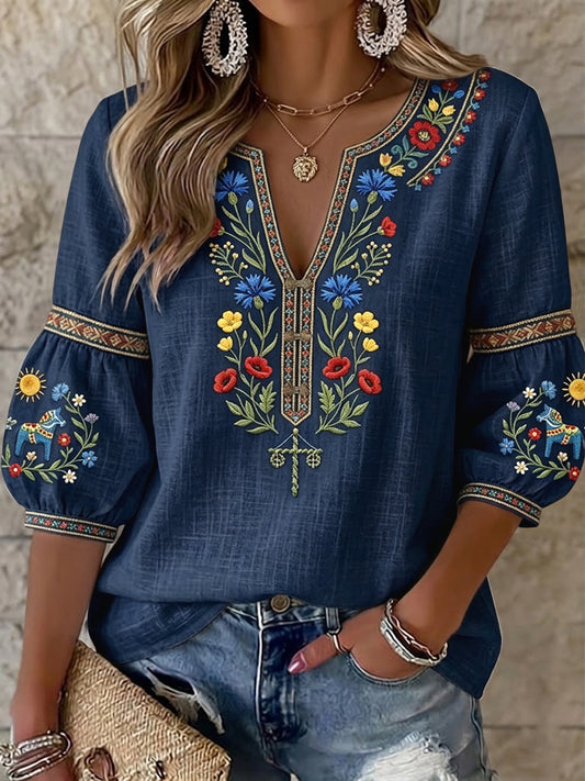 Dame vintage svensk midtsommerblomstret kunst V-hals bluse