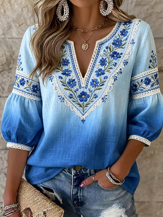 Dame Vintage-stil Svensk Midtsommer Gradient V-Hals Topp