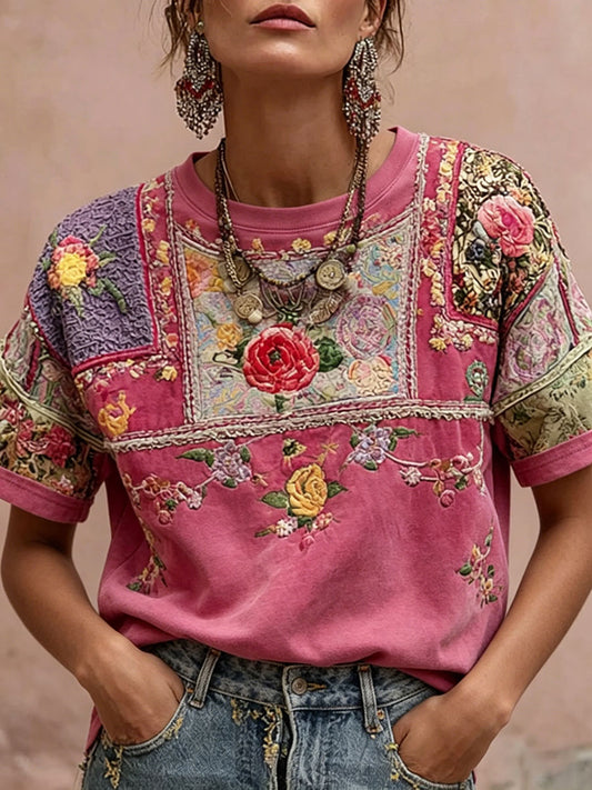 Dame rosa casual T-skjorte med blomstermønster