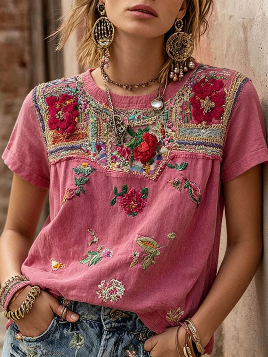 Dame rosa casual T-skjorte med blomstermønster