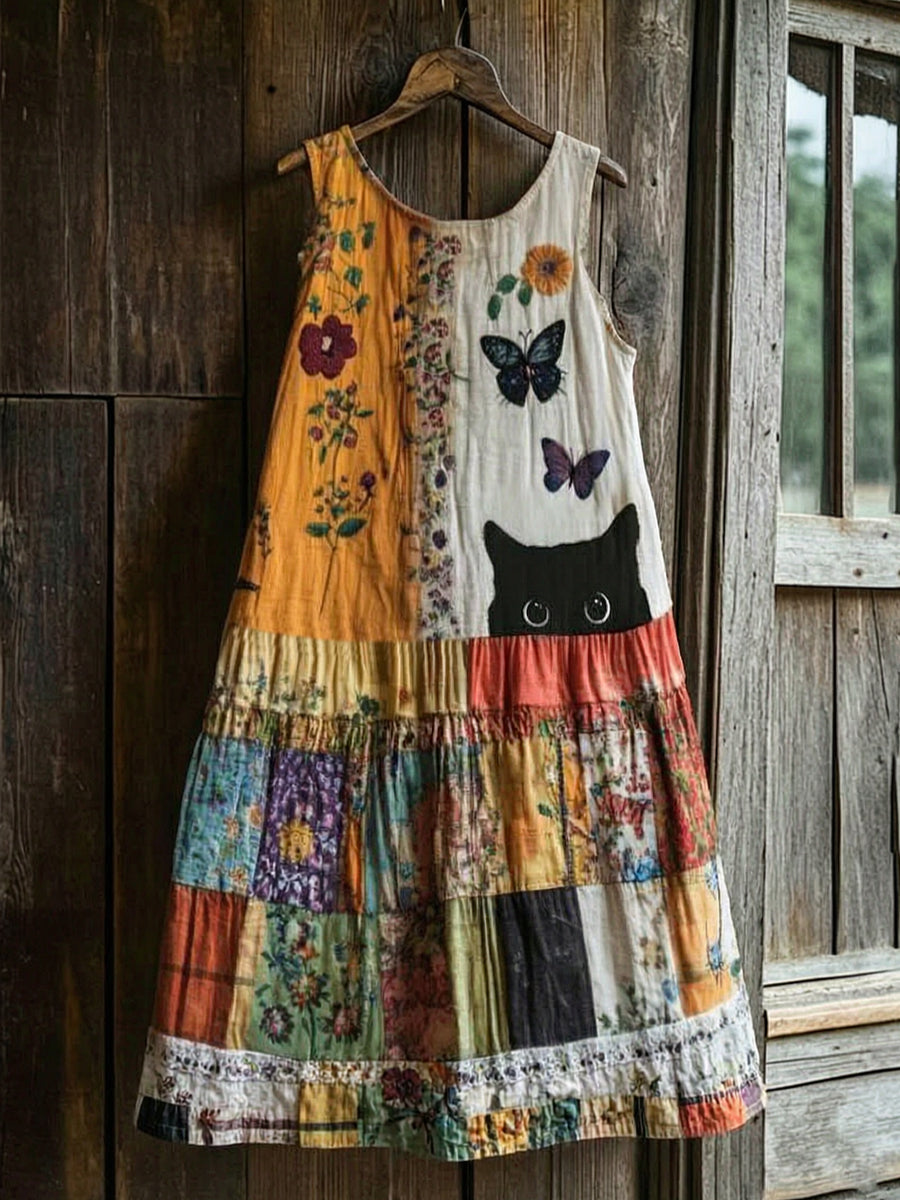 Kvinnors Retro Floral Cat Print Casual ärmlös Midi Klänning