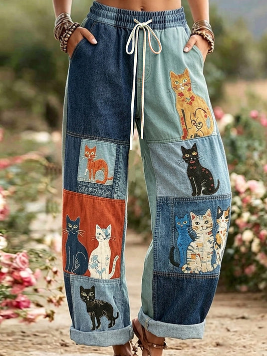 Retro Katteprint Casual Bukser til Kvinner