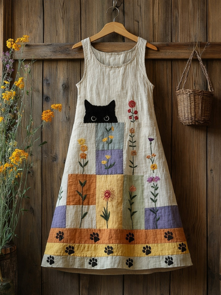 Kvinnors söta Rolig Floral katt Print Casual ärmlös Midi Klänning