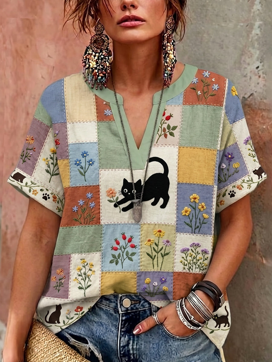 Dams retro blommig kattmönstrad casual tröja med V-ringning