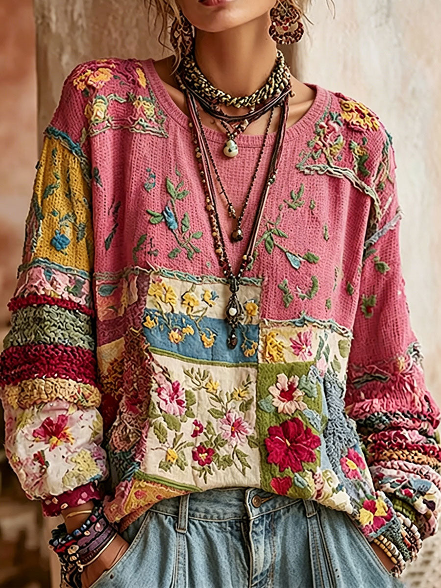 Kvinnors rosa blomster-Print Casual Sweatshirt