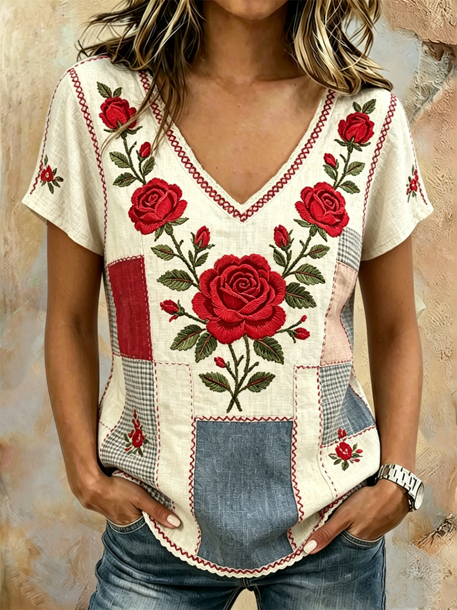 Damens blomster Print linne kortärmad T-shirt