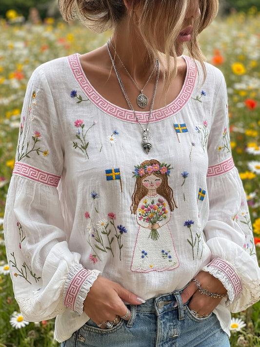 Damer Vintage Midtsommer Blomstertrykk Avslappet Topp i Bomull-Linblanding