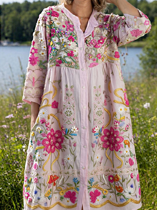 Damers vintage sommerblomstret kunsttrykt uformell kjole i bomull-lin