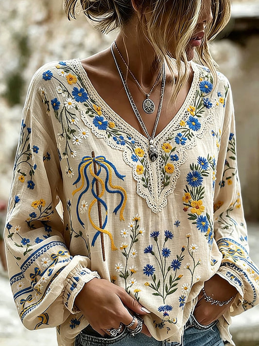 Damer Vintage Midtsommer Blomstertrykk Avslappet Topp i Bomull-Linblanding