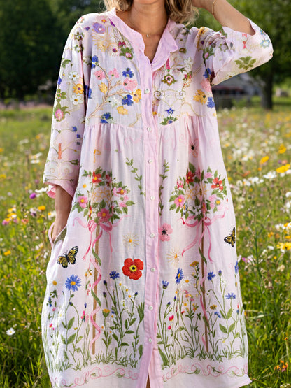 Damsvintage midsommarblommig konsttryckt ledig klänning i bomull-linntyg