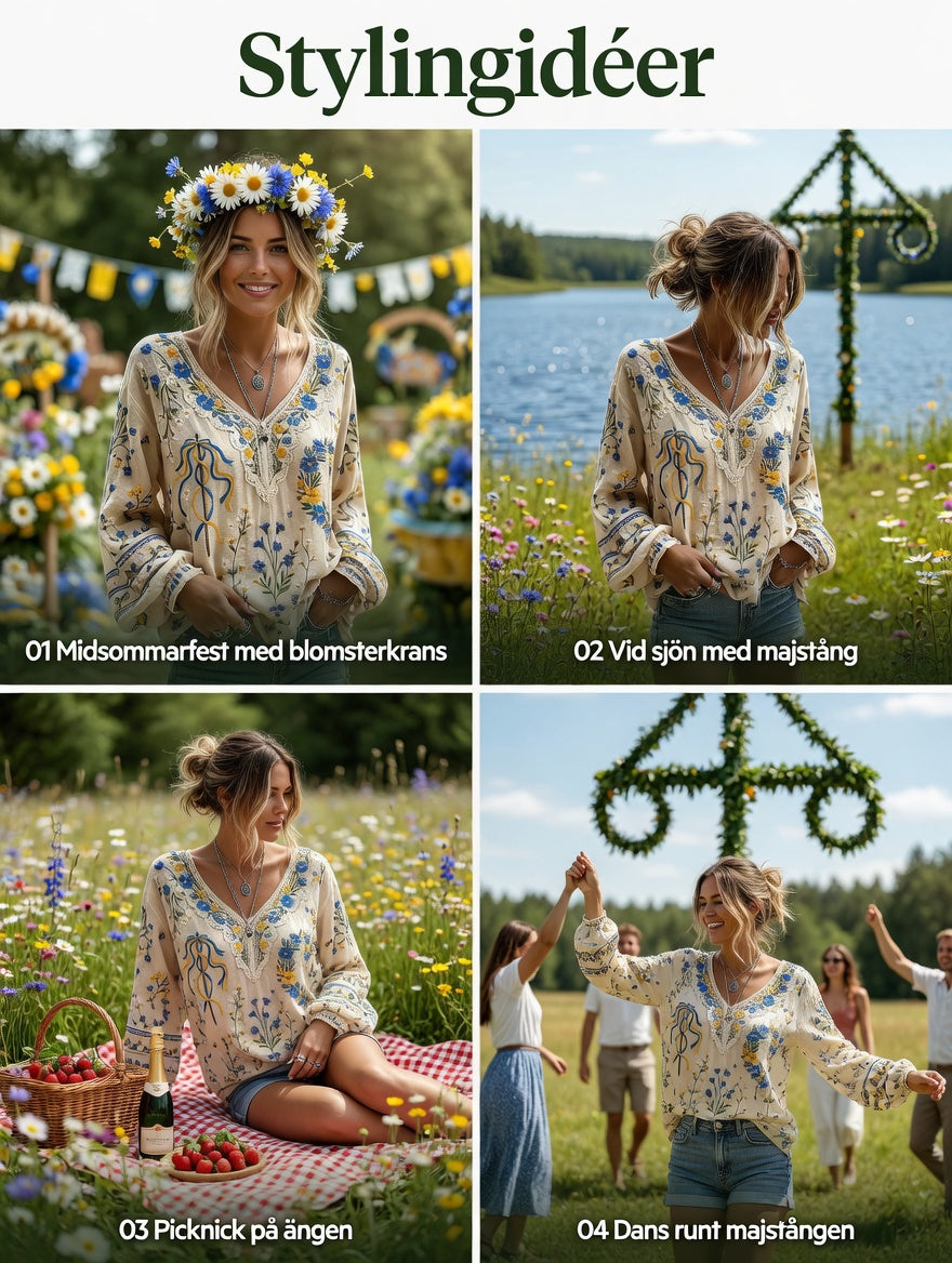 Dams Vintage Midsommar Blommigt Konsttryck Avslappnad Topp i Bomull-Linntyg
