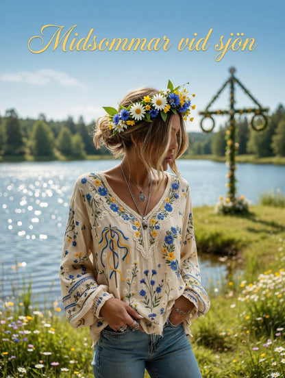 Dams Vintage Midsommar Blommigt Konsttryck Avslappnad Topp i Bomull-Linntyg