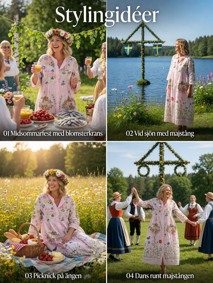 Damsvintage midsommarblommig konsttryckt ledig klänning i bomull-linntyg
