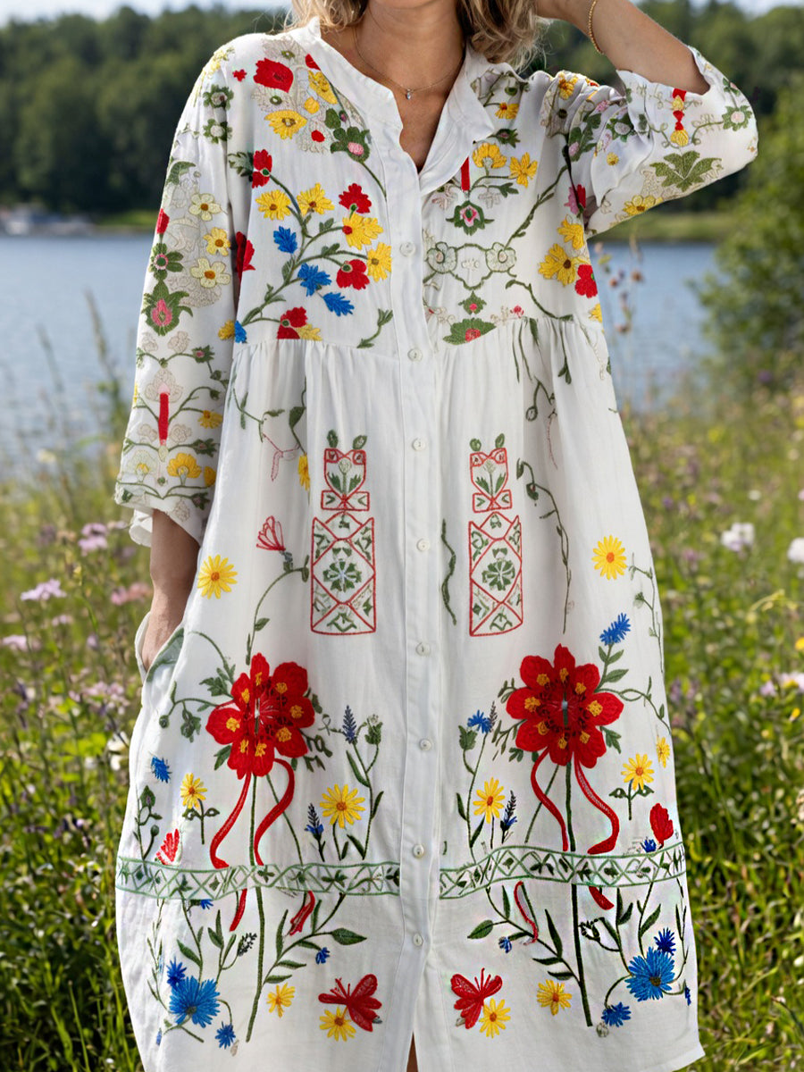 Damsvintage midsommarblommig konsttryckt ledig klänning i bomull-linntyg