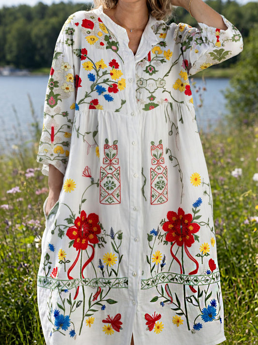 Damers vintage sommerblomstret kunsttrykt uformell kjole i bomull-lin