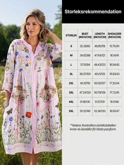 Damsvintage midsommarblommig konsttryckt ledig klänning i bomull-linntyg