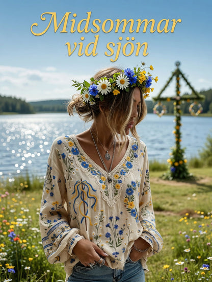 Dams Vintage Midsommar Blommigt Konsttryck Avslappnad Topp i Bomull-Linntyg