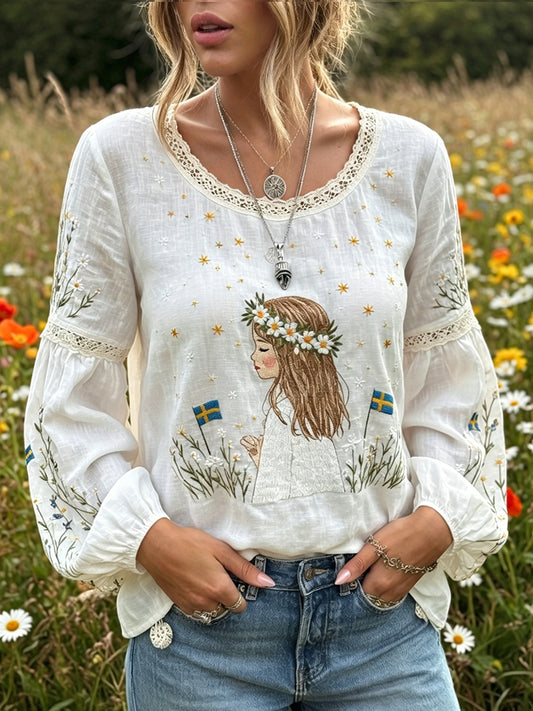Damer Vintage Midtsommer Blomstertrykk Avslappet Topp i Bomull-Linblanding