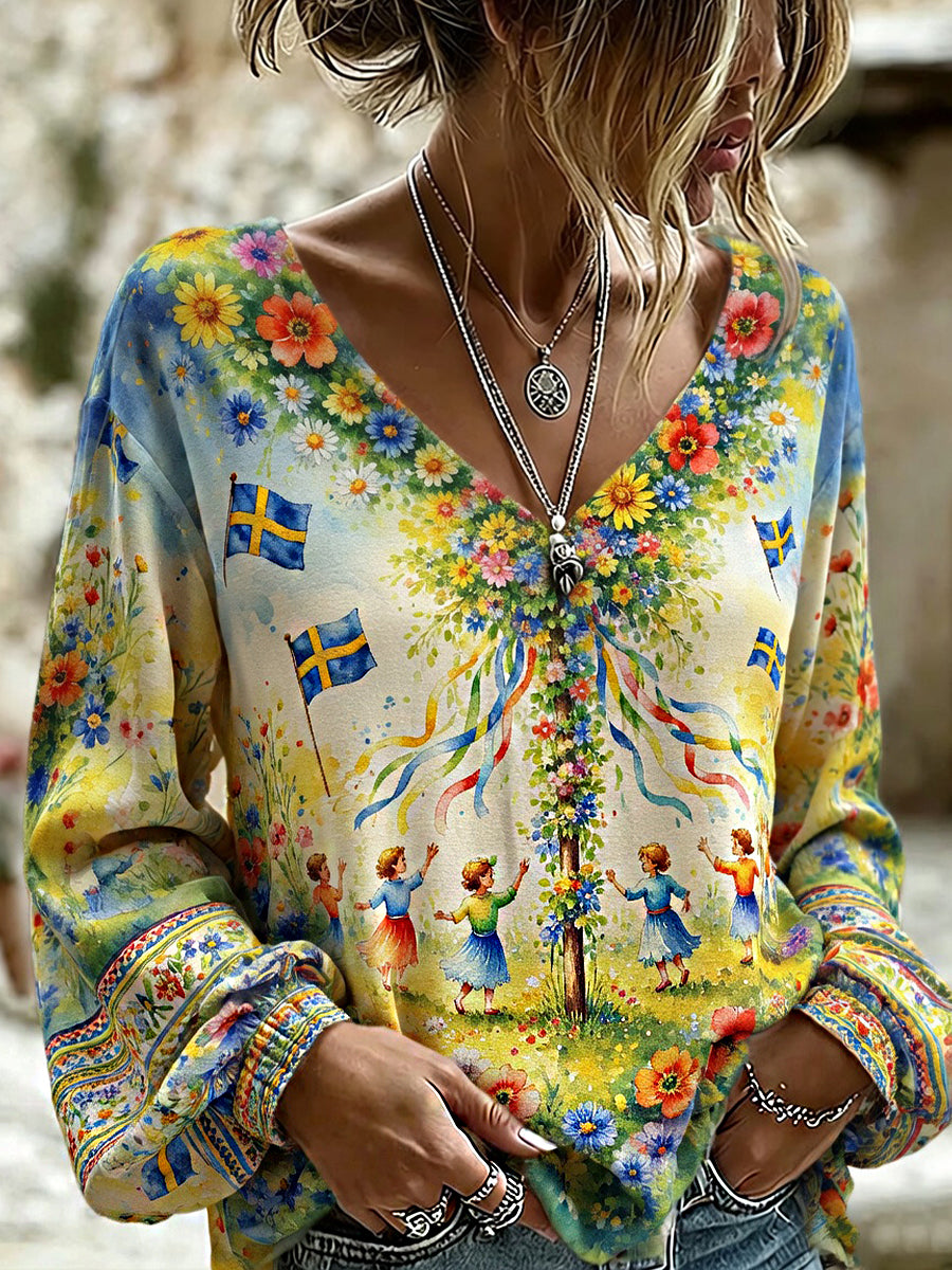 Kvinnors Vintage midsommar Floral Art Print Casual Cotton-Linen Topp