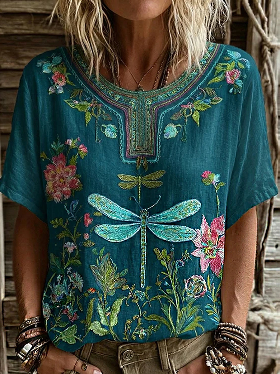 Dams vintage blommig konsttryckt casual topp i bomull-linne