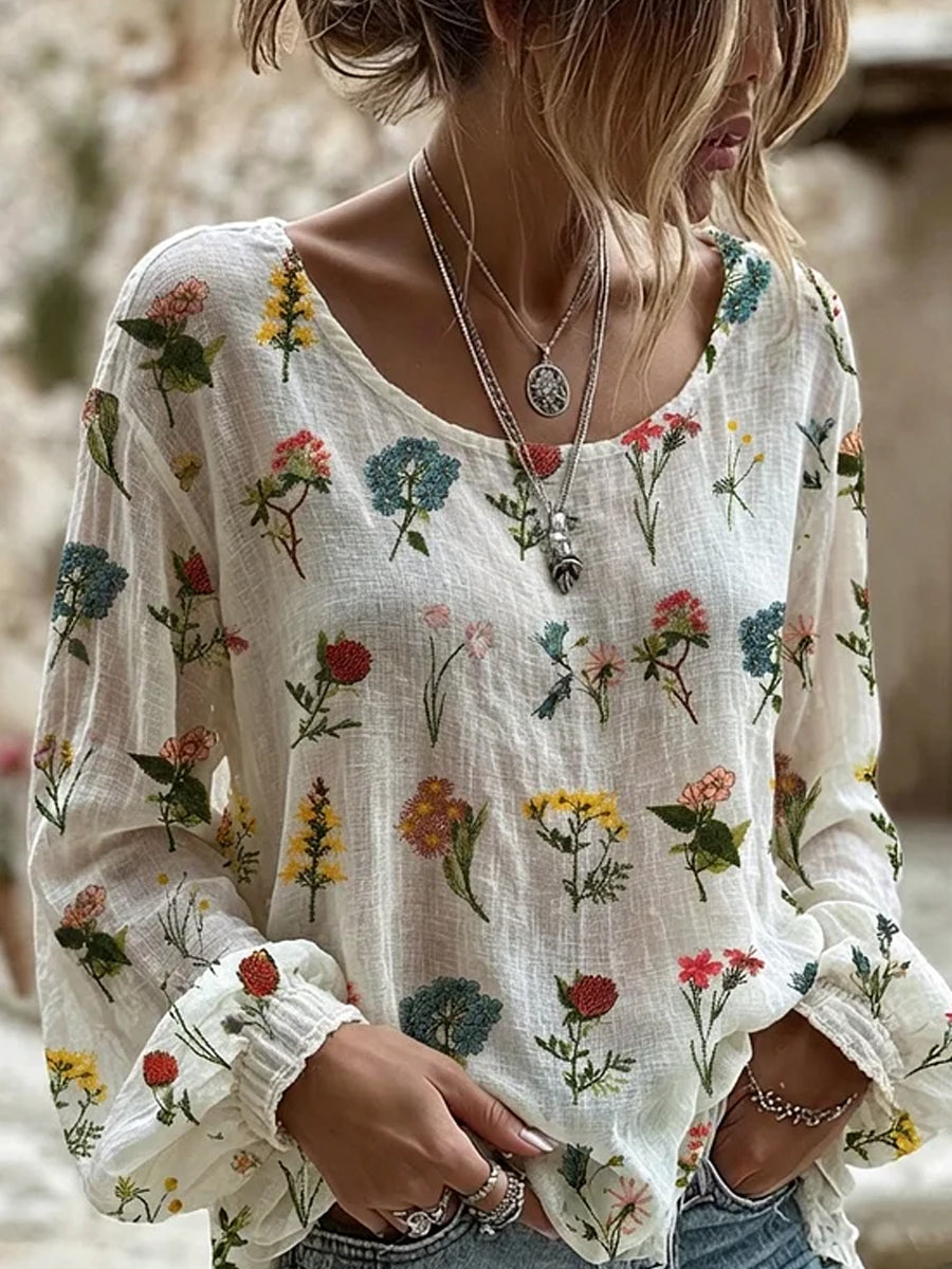 Dams vintage blommig konsttryckt casual topp i bomull-linne