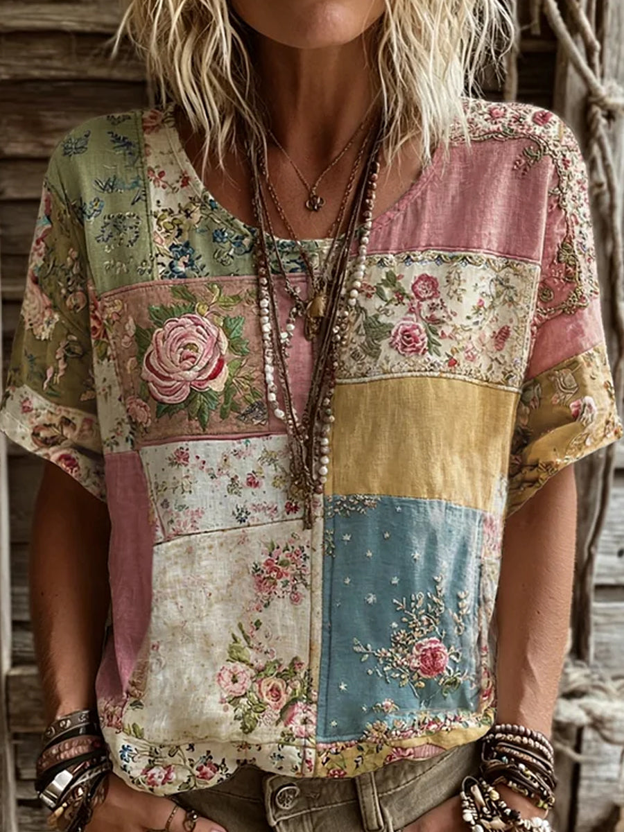 Dams vintage blommig konsttryckt casual topp i bomull-linne