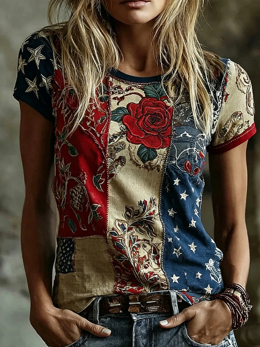 Dams vintage blommig konsttryckt casual topp i bomull-linne