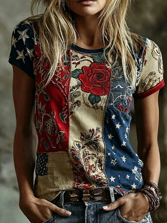 Vintage topp for damer med blomstertrykk i bomull og lin