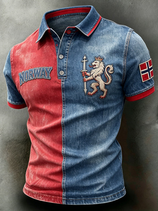 Polo med kunsttrykk for menn med norsk flaggfargeskjema