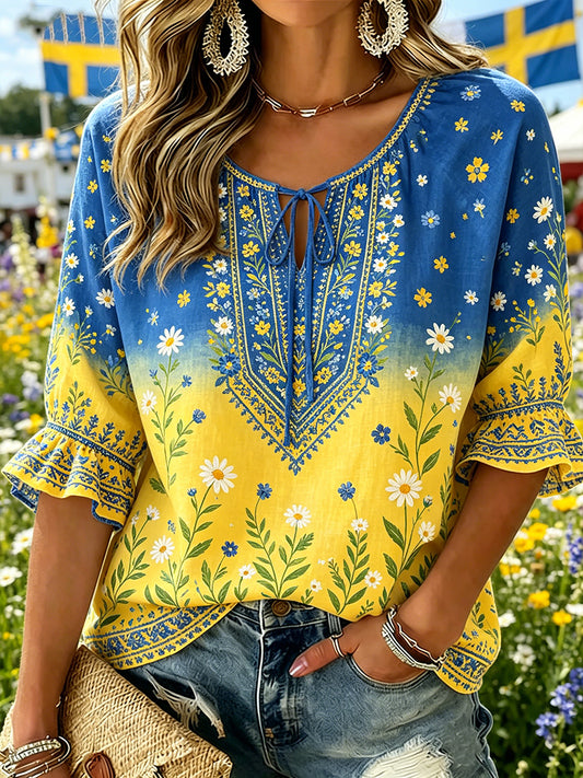 Dame midtsommer blomstret pastoral topp med V-hals
