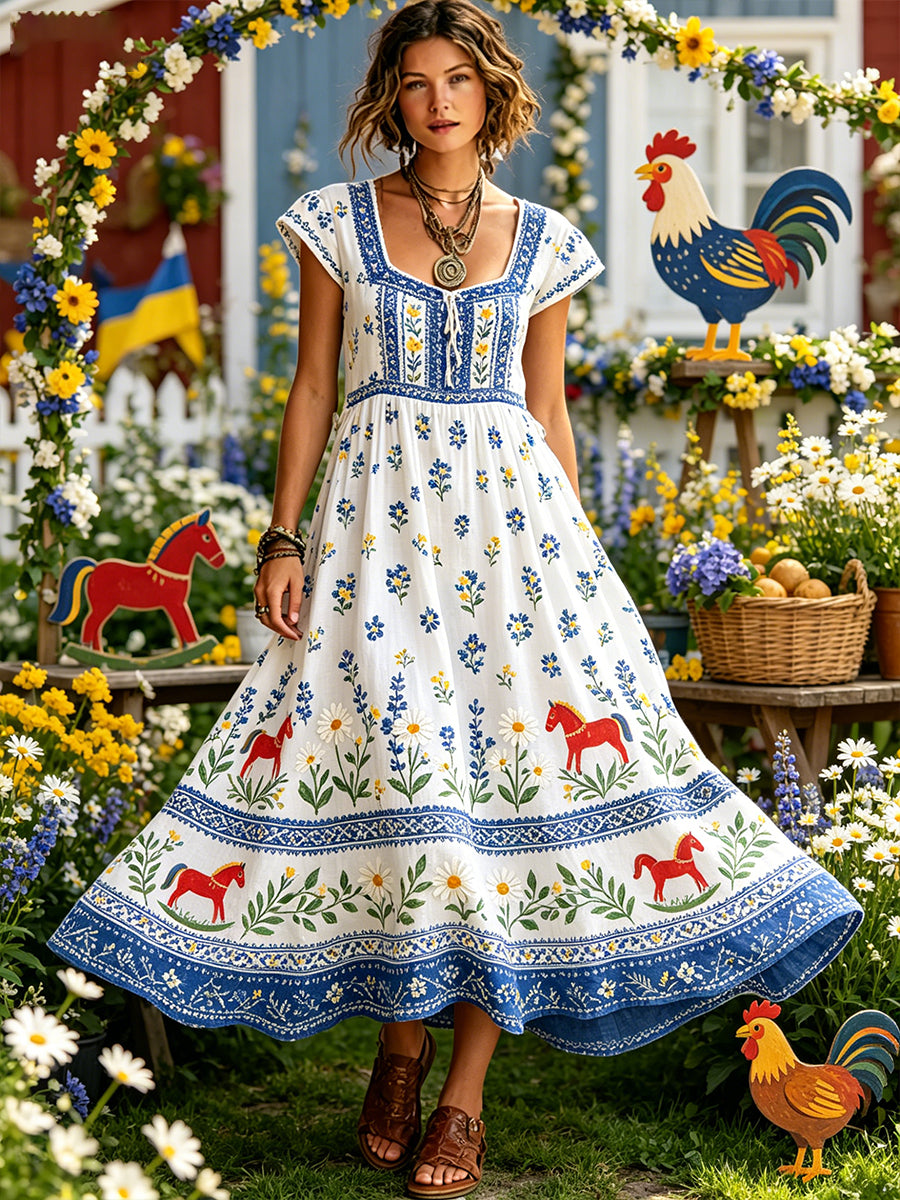Kvinnor midsommar Floral Print Pastoral stil klänning