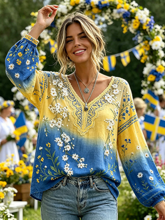 Dame midtsommer blomstret pastoral topp med V-hals