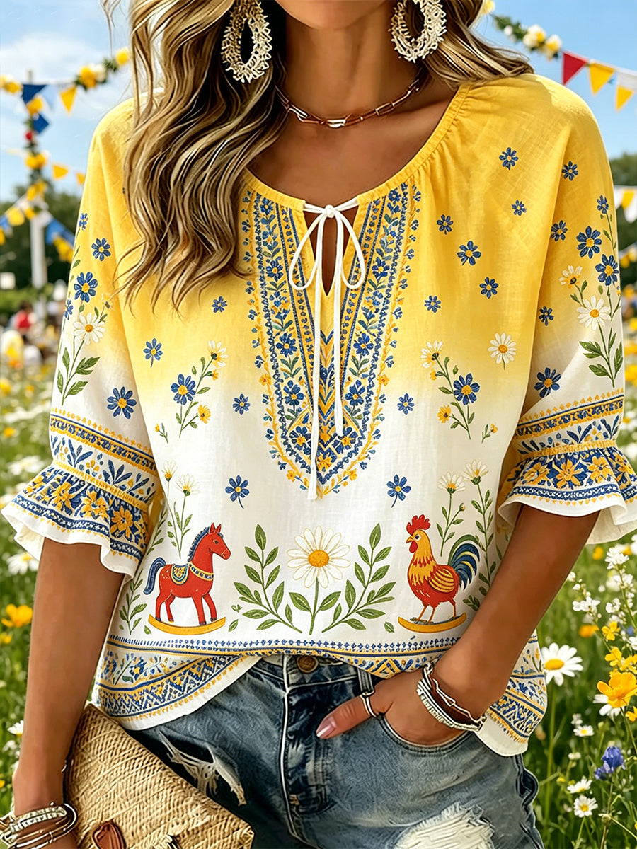 Kvinnor midsommar Floral Print Pastoral V-Hack Topp