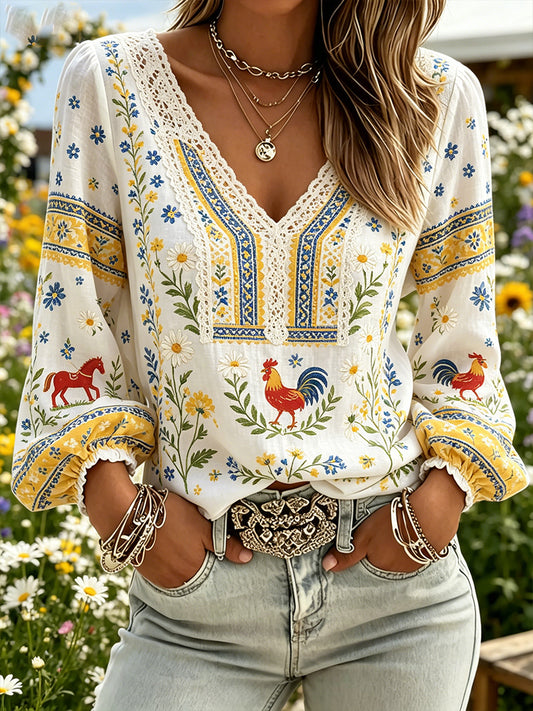 Dame midtsommer blomstret pastoral topp med V-hals