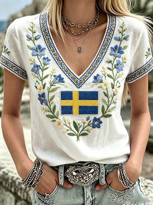 Kvinner Svensk Plante Blomster Print V-Hals Uformell T-skjorte