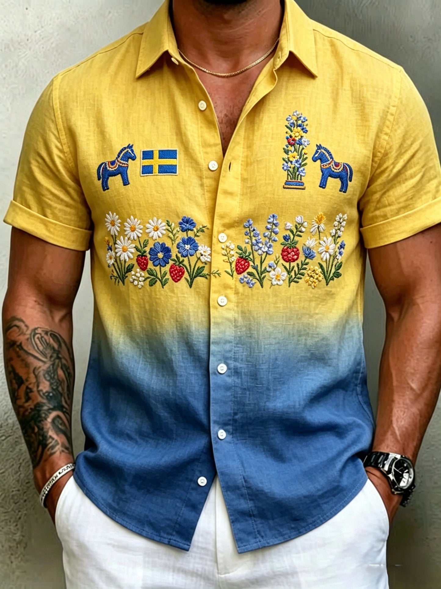 Herrretro svensk midsommarfolkaldrigblommig bomull-linne skjorta med korta ärmarna