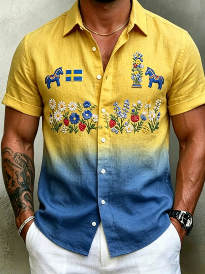 Herrretro svensk midsommarfolkaldrigblommig bomull-linne skjorta med korta ärmarna