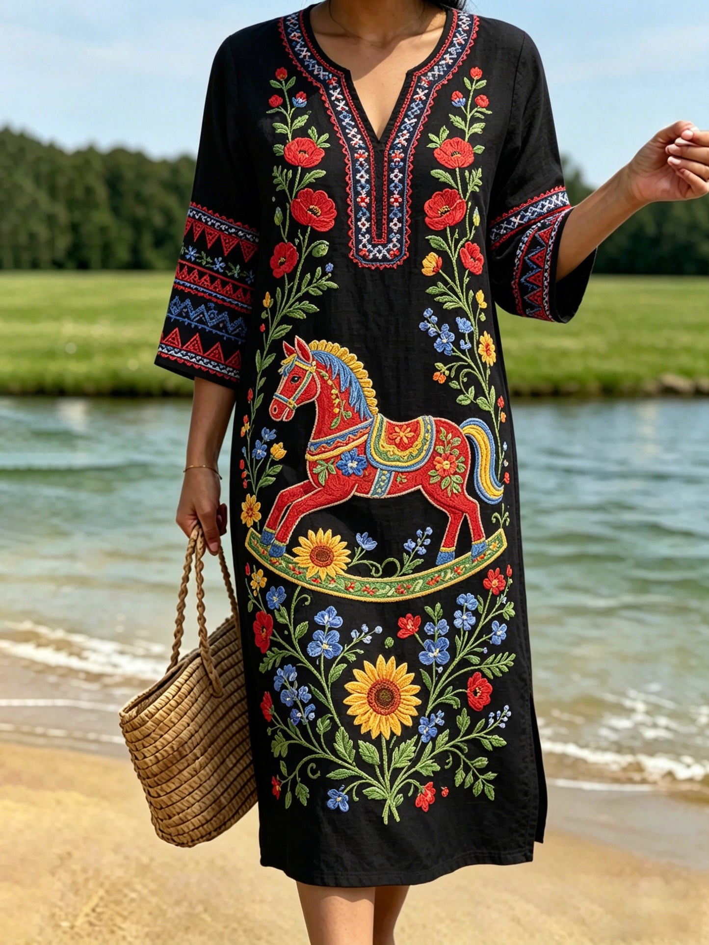 Dams retro svensk midsommarfolkstil blommig klänning i bomull-linne