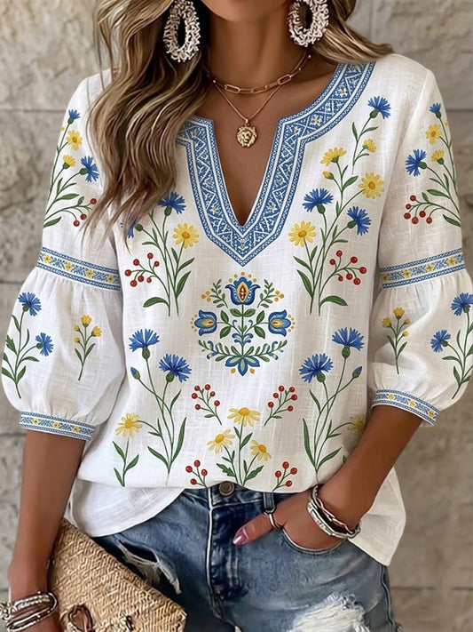 Dame vintage svensk blomstret kunst V-hals topp